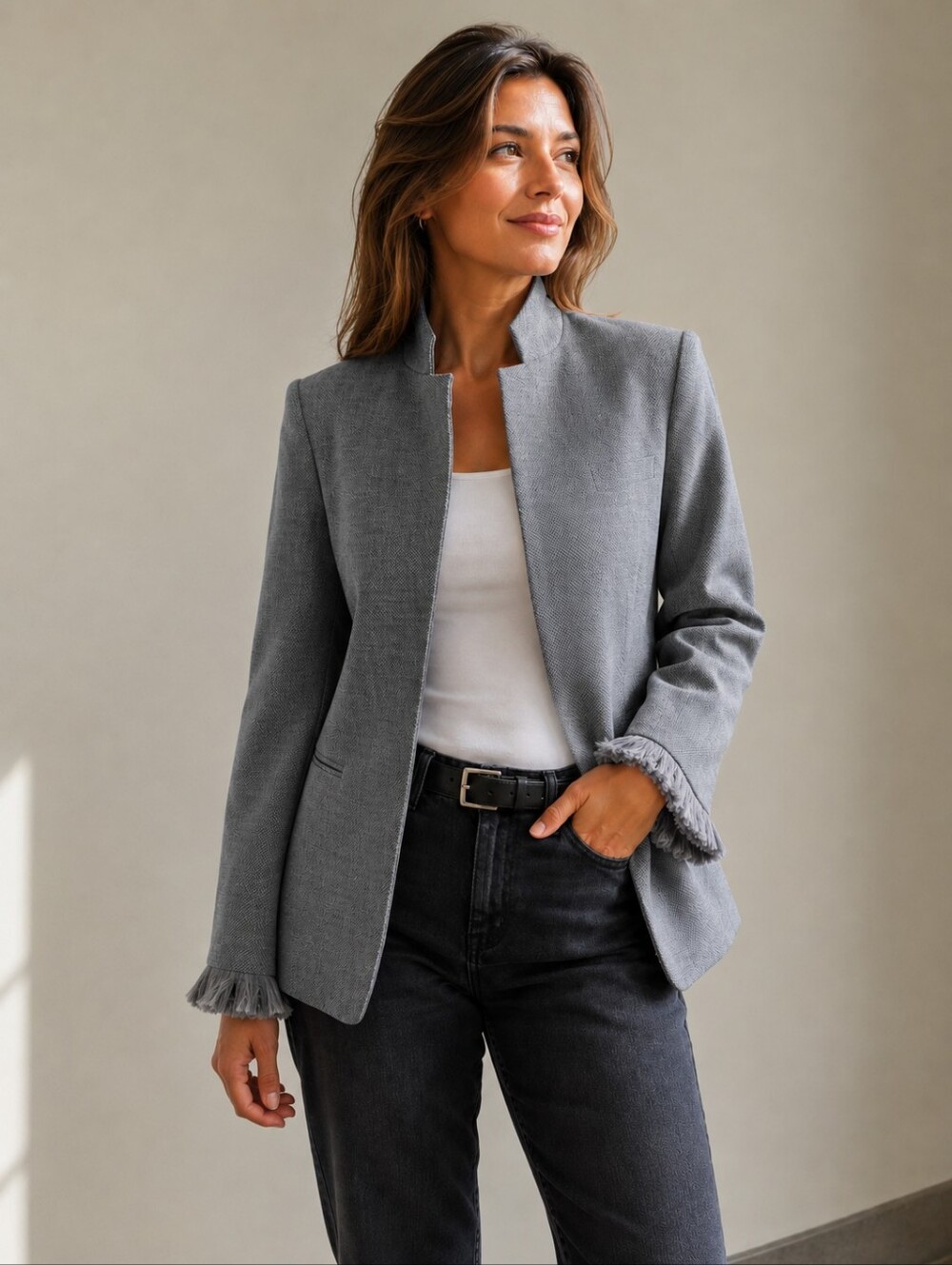 Zadig & Voltaire Wool Volly Frange Jaquard Gray Tailored Open Blazer S
